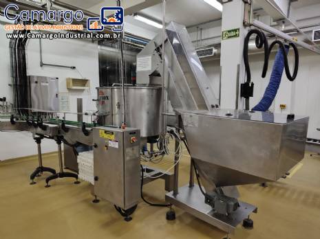 Linha completa de envase com envasadora rotuladora tampadora posicionador elevador de tampas e frascos Nelpas Fujinox